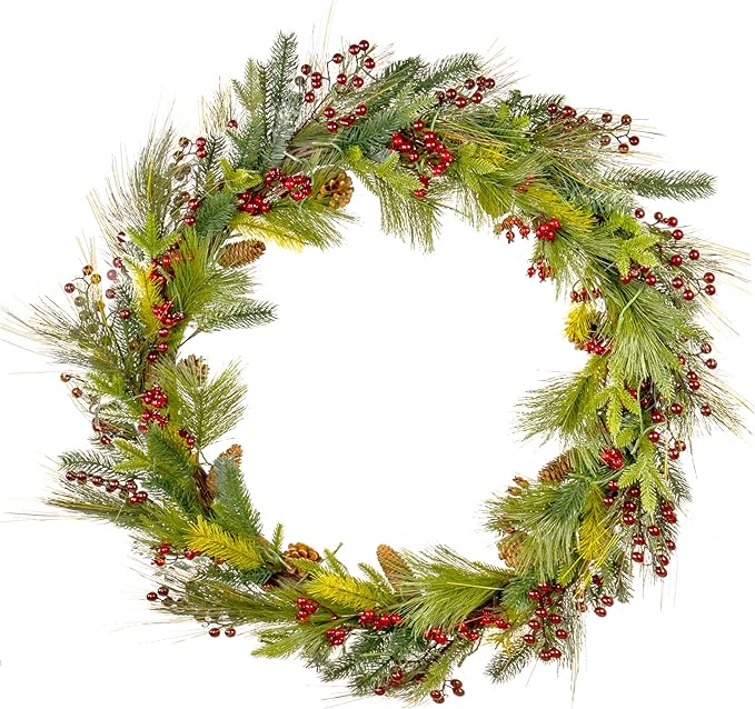 Red Co. 36” Light-Up Christmas Wreath with Pinecones & Evergreens, Battery-Operated LED Lights with Timer