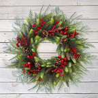 24 Inch Christmas Wreath with Red Berries, Pinecones and Greenery – Artificial Holiday Front Door Cedar Wreath for Farmhouse, Winter Indoor Outdoor Xmas Home Décor