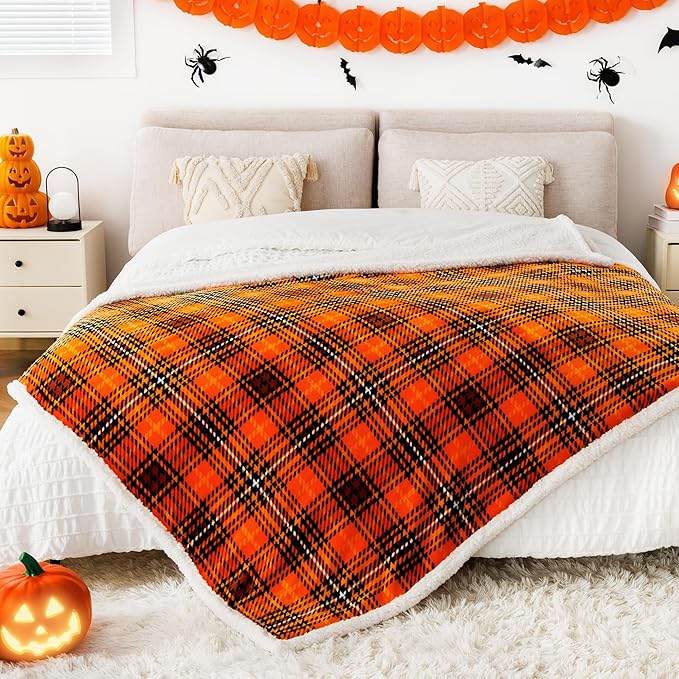Touchat Sherpa Halloween Plaid Throw Blanket(60" X 70", Plaid Orange), Fuzzy Fluffy Cozy Soft Blanket, Fleece Flannel Plush Twin Size Microfiber Blanket for Couch Bed Sofa
