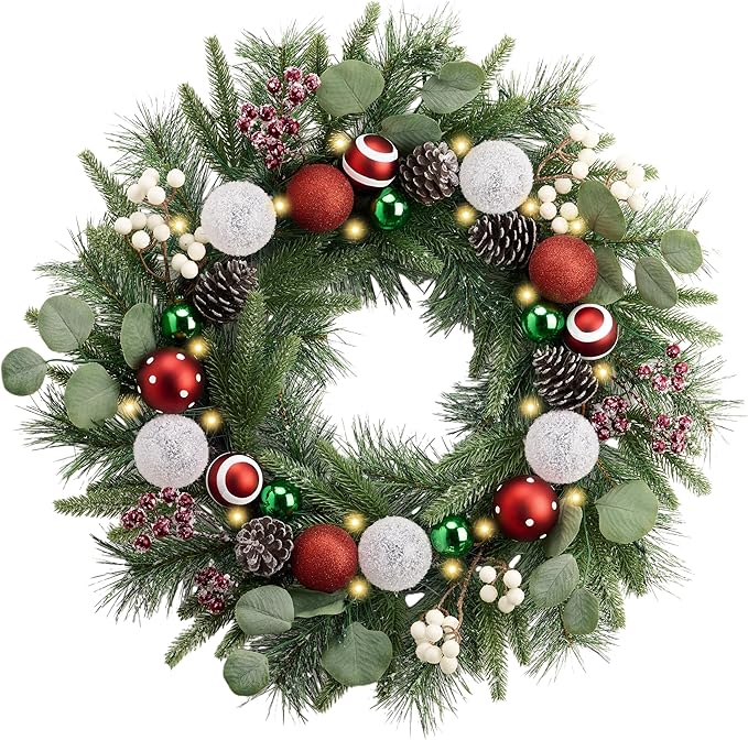 Valery Madelyn 24’ Pre-Lit Christmas Wreath for Front Door with Light, Large Lighted Outdoor Christmas Wreath with Red Green White Xmas Ball Norfolk Pine for Home Porch Fireplace Window Holiday Decor