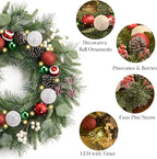 Valery Madelyn 24’ Pre-Lit Christmas Wreath for Front Door with Light, Large Lighted Outdoor Christmas Wreath with Red Green White Xmas Ball Norfolk Pine for Home Porch Fireplace Window Holiday Decor