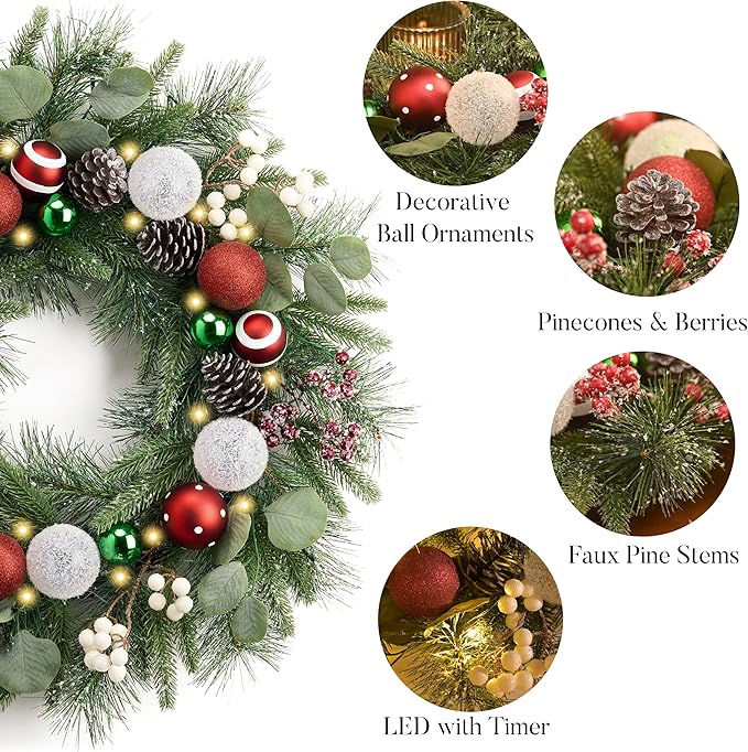 Valery Madelyn 24’ Pre-Lit Christmas Wreath for Front Door with Light, Large Lighted Outdoor Christmas Wreath with Red Green White Xmas Ball Norfolk Pine for Home Porch Fireplace Window Holiday Decor