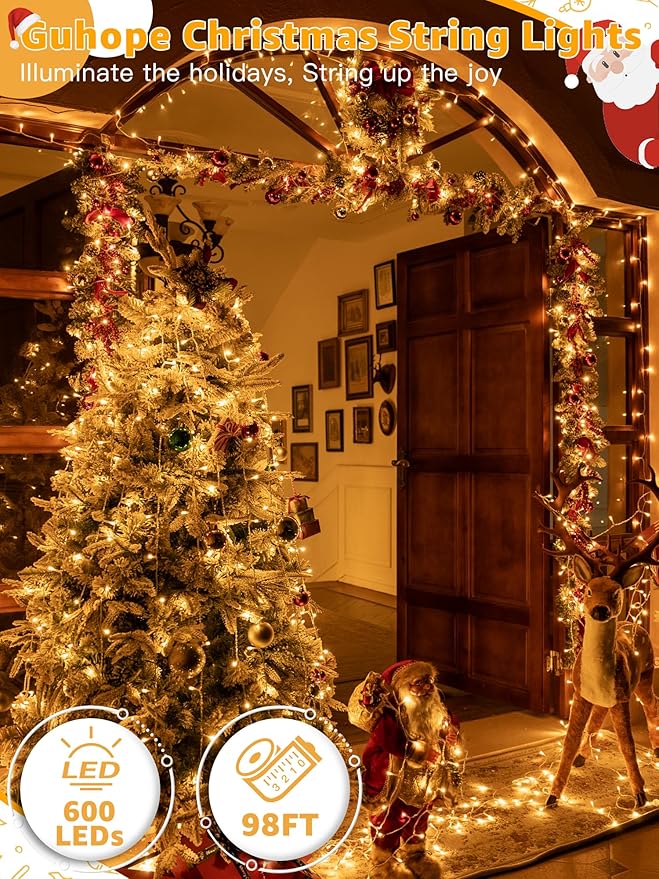 Christmas String Lights 600LED 98FT, Waterproof String Lights with Remote and Timer, 8 Modes Dimmable Christmas Lights for Indoor Outdoor Wedding Party Holiday Decorations (Warm White)