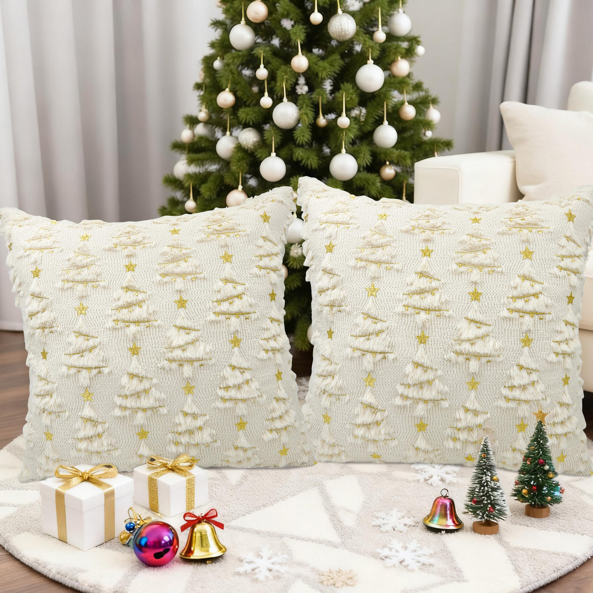 Christmas Pillow Covers 18x18 inch Set of 2 Soft Plush Faux Fur Christmas Decoration Beige Xmax Tree Yellow Colored Lights Decor Pattern Throw Pillow Case for Sofa Holiday Festivals Winter Home Decor