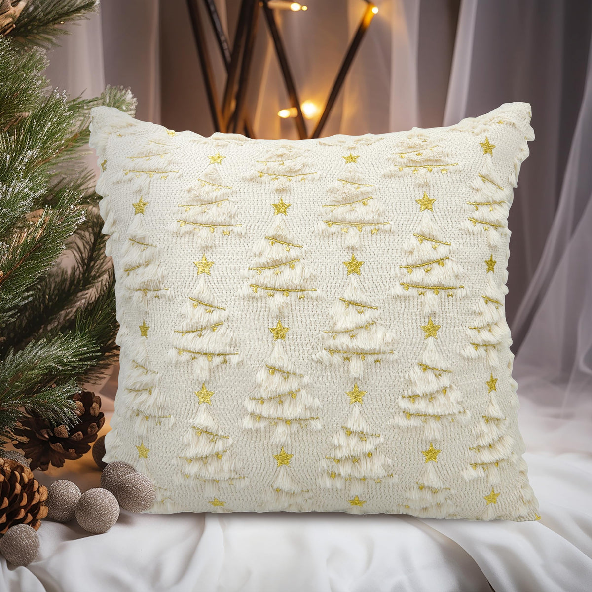 Christmas Pillow Covers 18x18 inch Set of 2 Soft Plush Faux Fur Christmas Decoration Beige Xmax Tree Yellow Colored Lights Decor Pattern Throw Pillow Case for Sofa Holiday Festivals Winter Home Decor