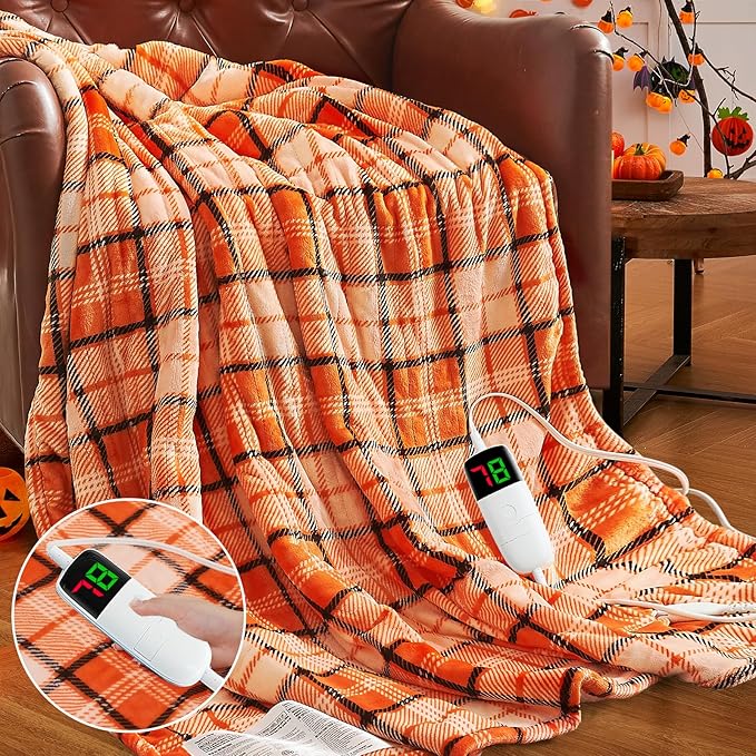 Heated Blanket Electric Twin Size,62X84 Orange Blanket,Plaid Soft Sherpa Heating Blankets Warmer Gift for Grandma Women Adults Halloween Washable
