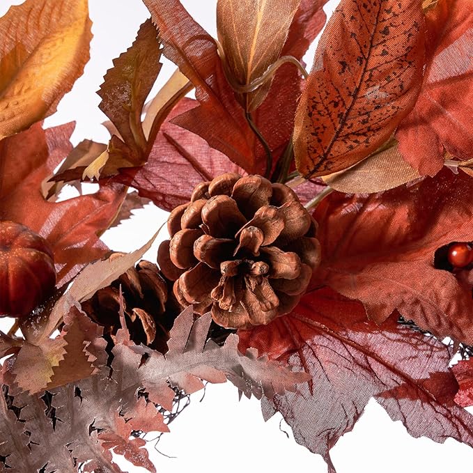 DN DECONATION 24 Inch Fall Wreaths for Front Door, Autumn Farmhouse Wreaths with Orange Pumpkins, Leaves, Pinecones & Berries for Indoor Outdoor Porch Home Wall Thanksgiving Harvest Festival Decor