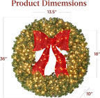 Best Choice Products 36in Large Artificial Pre-Lit Fir Christmas Wreath Holiday Accent Decoration for Door, Mantel w/Red Lighted Bow, 150 LED Lights, 300 PVC Tips, Power Plug-in