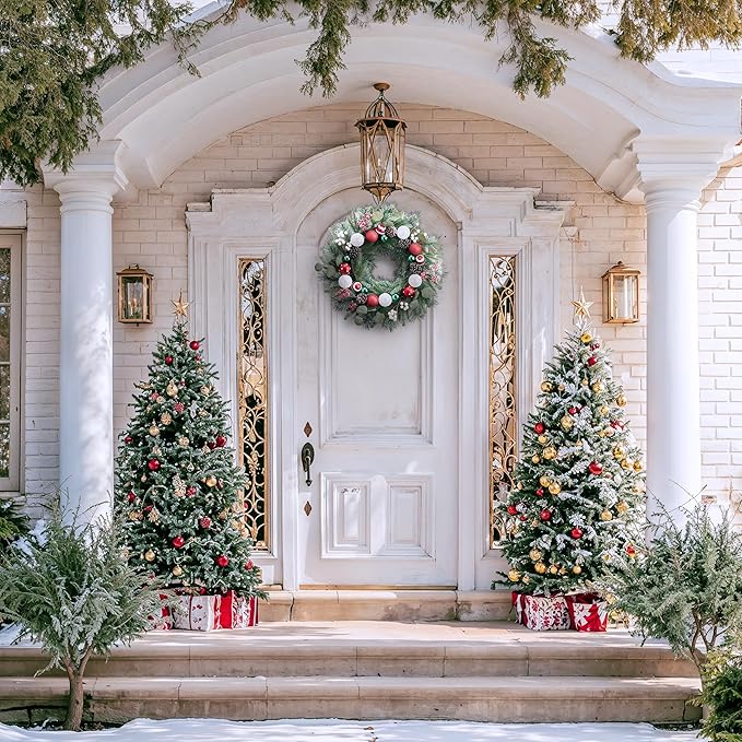 Valery Madelyn 24’ Pre-Lit Christmas Wreath for Front Door with Light, Large Lighted Outdoor Christmas Wreath with Red Green White Xmas Ball Norfolk Pine for Home Porch Fireplace Window Holiday Decor