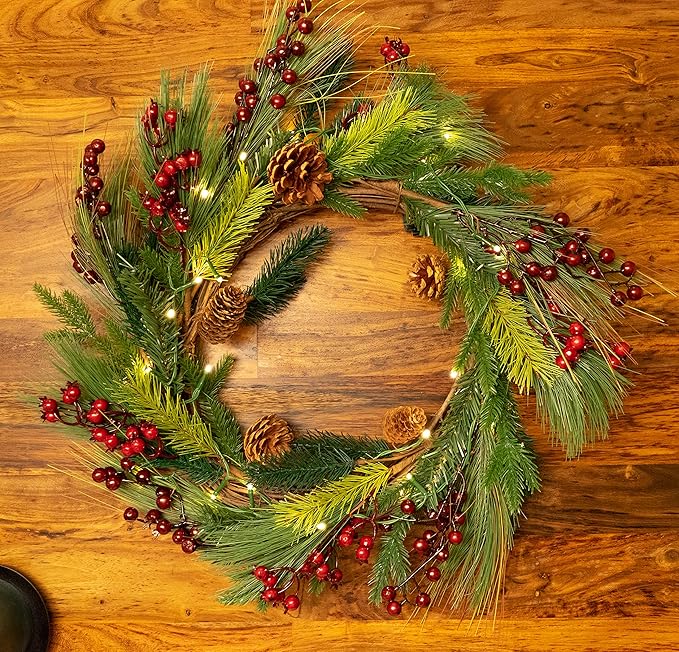 Red Co. 22” Light-Up Christmas Wreath with Pinecones & Evergreens, Battery-Operated LED Lights with Timer