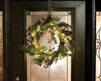 Red Co. 22” Light-Up Christmas Wreath with Pinecones & Evergreens, Battery-Operated LED Lights with Timer
