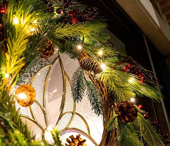 Red Co. 22” Light-Up Christmas Wreath with Pinecones & Evergreens, Battery-Operated LED Lights with Timer