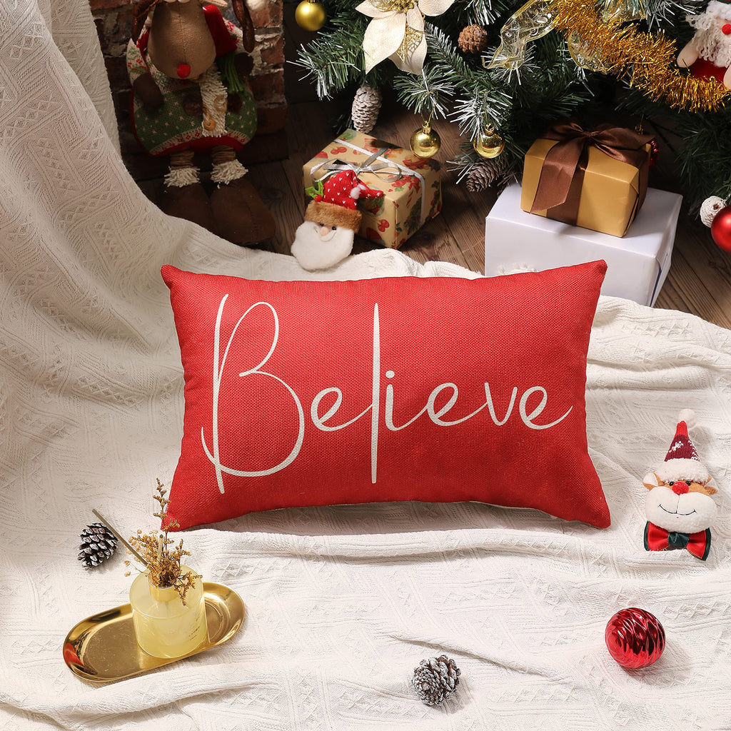 DFXSZ Christmas Throw Pillow Covers 12x20 Inch Set of 2 Merry Christmas Farmhouse Decorations Believe Holiday Decor Throw Cushion Case for Home Couch