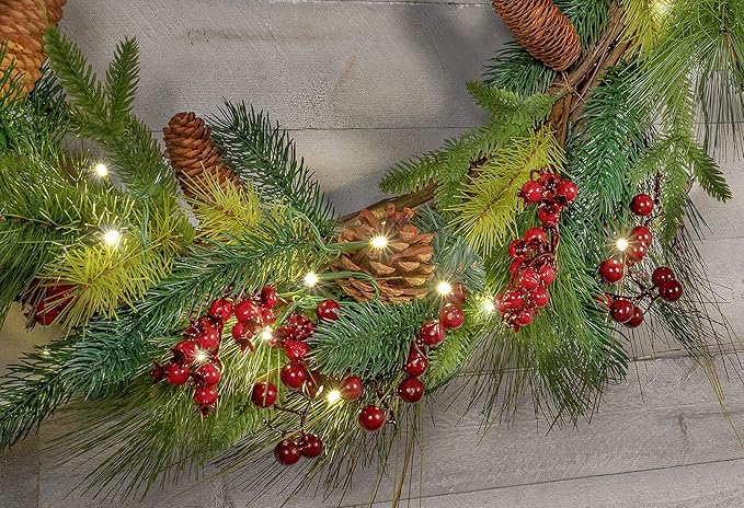 Red Co. 36” Light-Up Christmas Wreath with Pinecones & Evergreens, Battery-Operated LED Lights with Timer