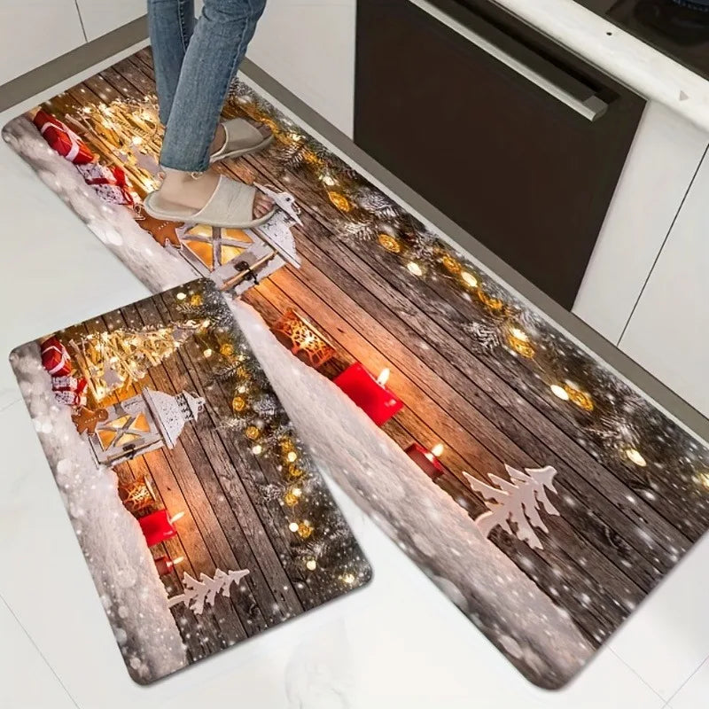 VIKAMA Christmas Snow Scene Carpet 2pcs Kitchen Rug Doormat Welcome Mat Outdoor Carpet Rug For Bedroom Living Room Carpet Home D