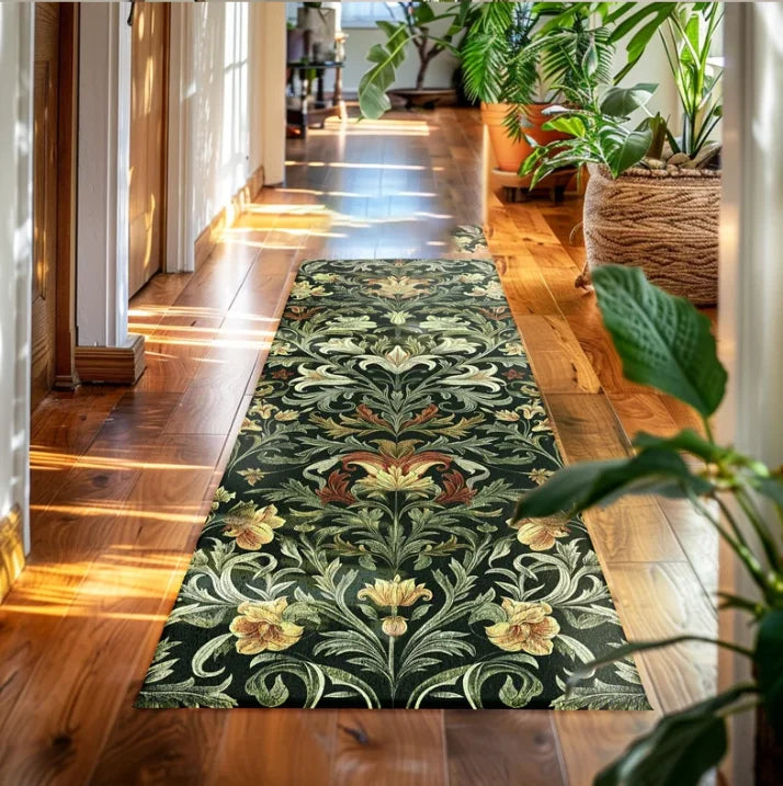 Romantic French Country Runner Rug for Hallway Vintage Cottagecore Embroidered Look Mat Pink Green Shabby Floral Home Decor
