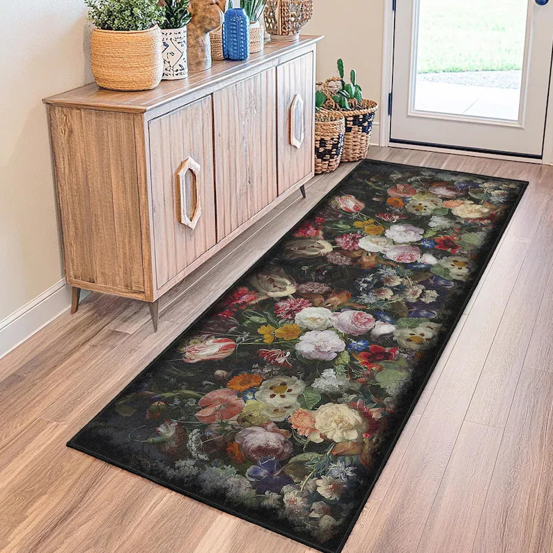 Romantic French Country Runner Rug for Hallway Vintage Cottagecore Embroidered Look Mat Pink Green Shabby Floral Home Decor