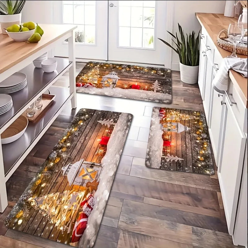VIKAMA Christmas Snow Scene Carpet 2pcs Kitchen Rug Doormat Welcome Mat Outdoor Carpet Rug For Bedroom Living Room Carpet Home D