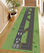 Realistic Airport Runway Carpet Mat Rug, Aviation Theme & Interactive home decoration with Grey Green Tone for Hallway Playroom