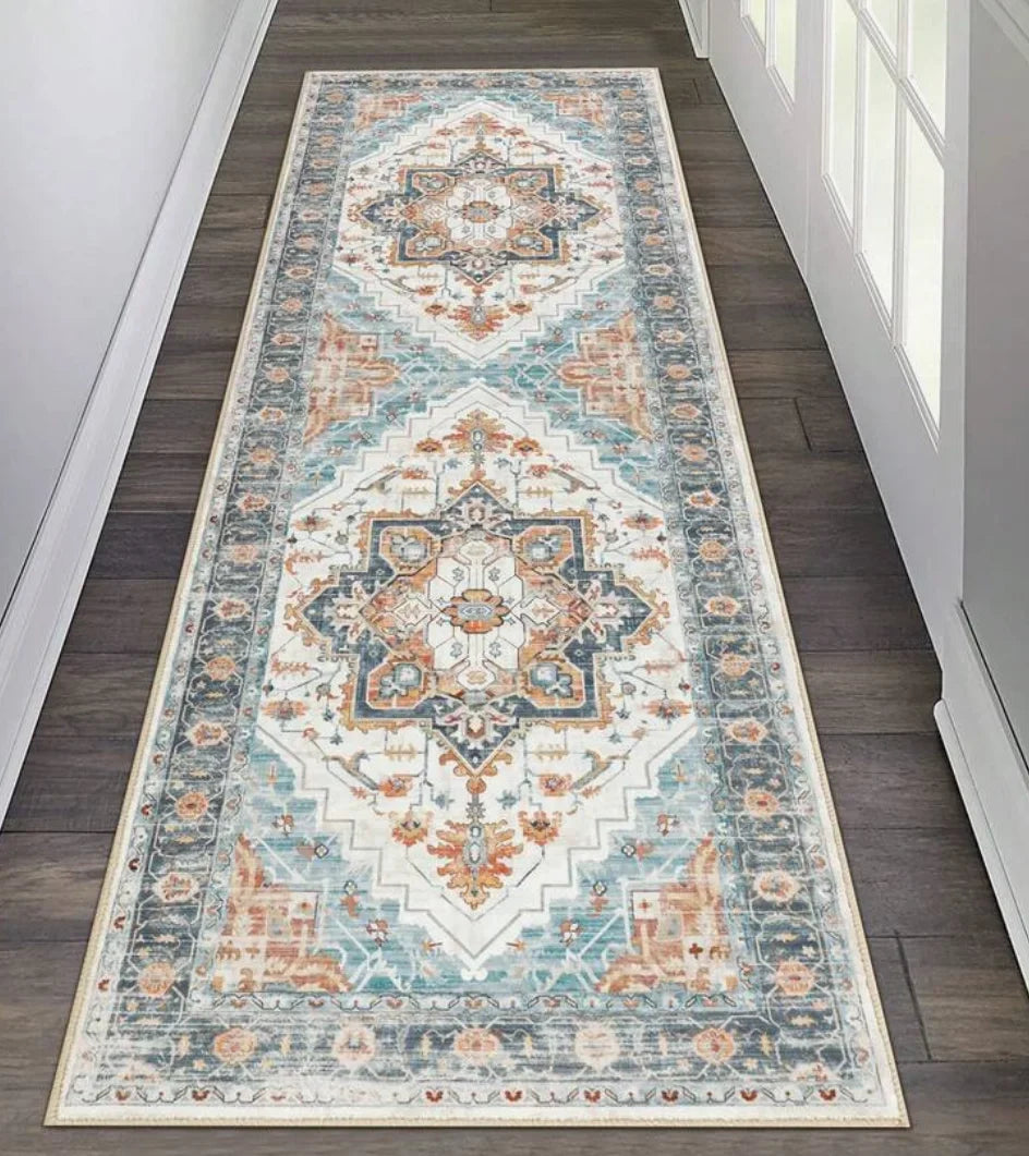 Vintage Pattern & Minimalist Stripe Long Runner Rug Retro Style Mat Non Slip Durable for Hallway Living Room Entryway Home Decor